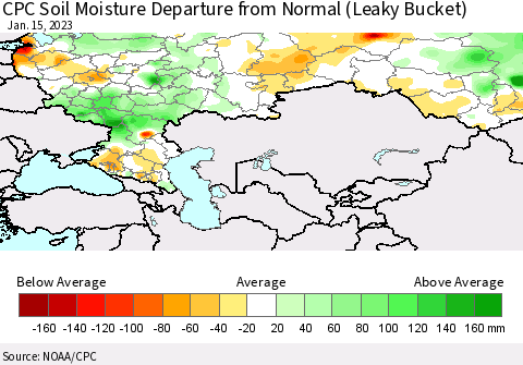 Russian Federation CPC Soil Moisture Departure from Normal (Leaky Bucket) Thematic Map For 1/11/2023 - 1/15/2023