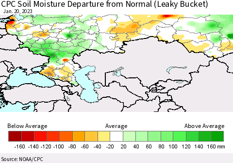 Russian Federation CPC Soil Moisture Departure from Normal (Leaky Bucket) Thematic Map For 1/16/2023 - 1/20/2023