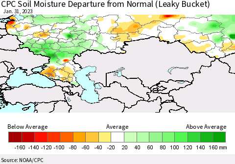 Russian Federation CPC Soil Moisture Departure from Normal (Leaky Bucket) Thematic Map For 1/26/2023 - 1/31/2023