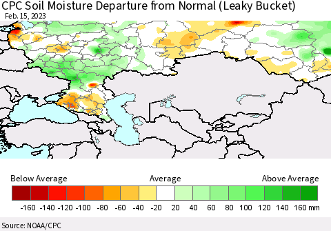 Russian Federation CPC Soil Moisture Departure from Normal (Leaky Bucket) Thematic Map For 2/11/2023 - 2/15/2023