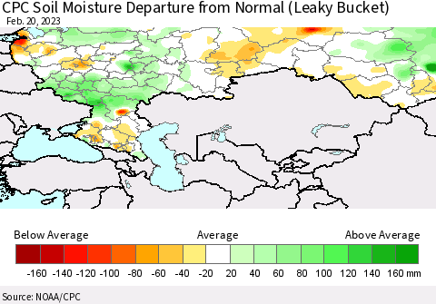 Russian Federation CPC Soil Moisture Departure from Normal (Leaky Bucket) Thematic Map For 2/16/2023 - 2/20/2023