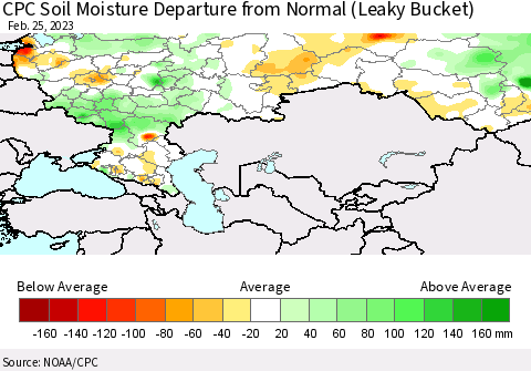 Russian Federation CPC Soil Moisture Departure from Normal (Leaky Bucket) Thematic Map For 2/21/2023 - 2/25/2023