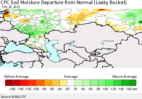 Russian Federation CPC Soil Moisture Departure from Normal (Leaky Bucket) Thematic Map For 2/26/2023 - 2/28/2023