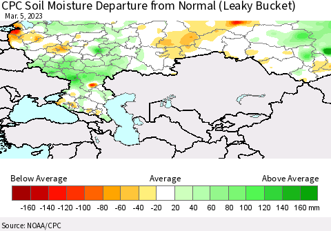 Russian Federation CPC Soil Moisture Departure from Normal (Leaky Bucket) Thematic Map For 3/1/2023 - 3/5/2023
