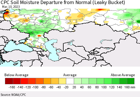 Russian Federation CPC Soil Moisture Departure from Normal (Leaky Bucket) Thematic Map For 3/6/2023 - 3/10/2023