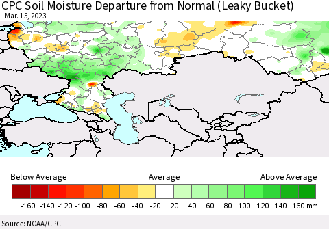 Russian Federation CPC Soil Moisture Departure from Normal (Leaky Bucket) Thematic Map For 3/11/2023 - 3/15/2023
