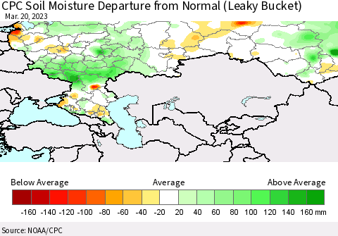 Russian Federation CPC Soil Moisture Departure from Normal (Leaky Bucket) Thematic Map For 3/16/2023 - 3/20/2023