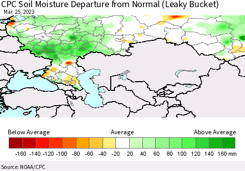 Russian Federation CPC Soil Moisture Departure from Normal (Leaky Bucket) Thematic Map For 3/21/2023 - 3/25/2023