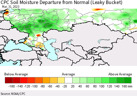 Russian Federation CPC Soil Moisture Departure from Normal (Leaky Bucket) Thematic Map For 3/26/2023 - 3/31/2023