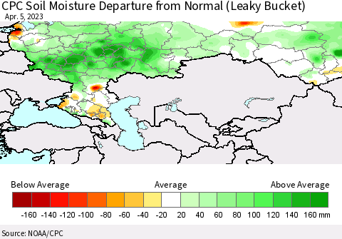 Russian Federation CPC Soil Moisture Departure from Normal (Leaky Bucket) Thematic Map For 4/1/2023 - 4/5/2023