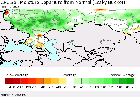 Russian Federation CPC Soil Moisture Departure from Normal (Leaky Bucket) Thematic Map For 4/6/2023 - 4/10/2023