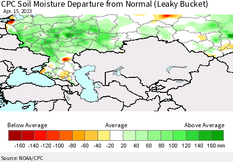 Russian Federation CPC Soil Moisture Departure from Normal (Leaky Bucket) Thematic Map For 4/11/2023 - 4/15/2023