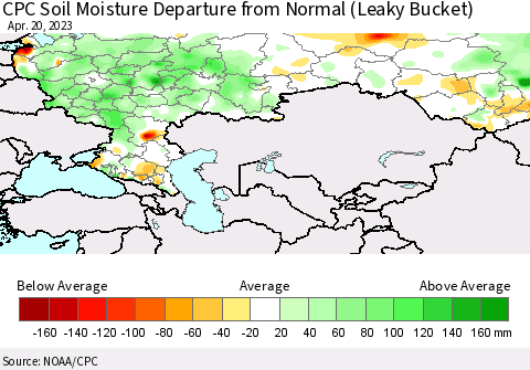 Russian Federation CPC Soil Moisture Departure from Normal (Leaky Bucket) Thematic Map For 4/16/2023 - 4/20/2023