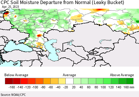 Russian Federation CPC Soil Moisture Departure from Normal (Leaky Bucket) Thematic Map For 4/21/2023 - 4/25/2023