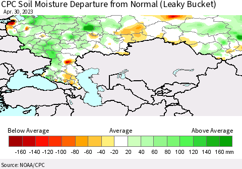 Russian Federation CPC Soil Moisture Departure from Normal (Leaky Bucket) Thematic Map For 4/26/2023 - 4/30/2023