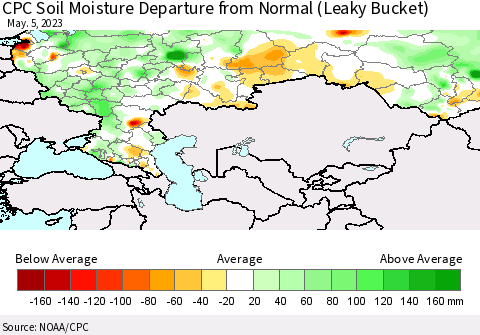 Russian Federation CPC Soil Moisture Departure from Normal (Leaky Bucket) Thematic Map For 5/1/2023 - 5/5/2023