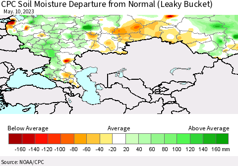 Russian Federation CPC Soil Moisture Departure from Normal (Leaky Bucket) Thematic Map For 5/6/2023 - 5/10/2023