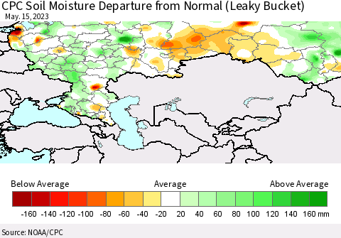 Russian Federation CPC Soil Moisture Departure from Normal (Leaky Bucket) Thematic Map For 5/11/2023 - 5/15/2023