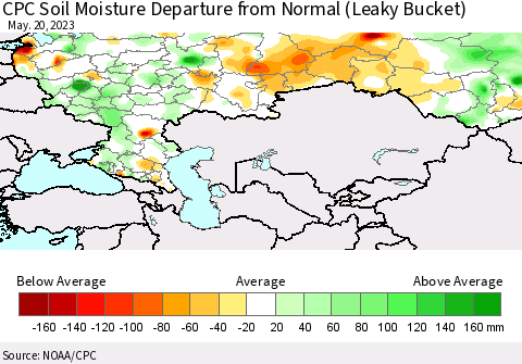 Russian Federation CPC Soil Moisture Departure from Normal (Leaky Bucket) Thematic Map For 5/16/2023 - 5/20/2023