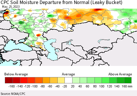 Russian Federation CPC Soil Moisture Departure from Normal (Leaky Bucket) Thematic Map For 5/21/2023 - 5/25/2023