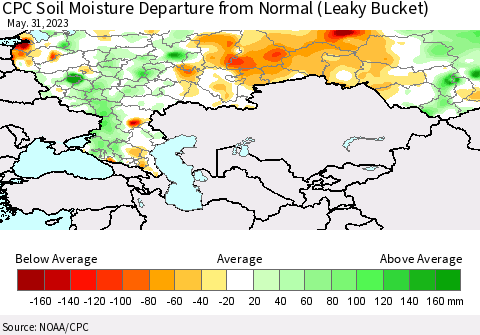 Russian Federation CPC Soil Moisture Departure from Normal (Leaky Bucket) Thematic Map For 5/26/2023 - 5/31/2023
