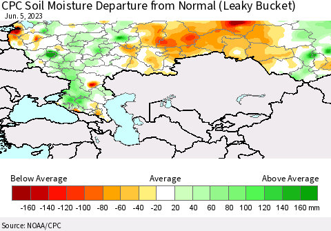 Russian Federation CPC Soil Moisture Departure from Normal (Leaky Bucket) Thematic Map For 6/1/2023 - 6/5/2023