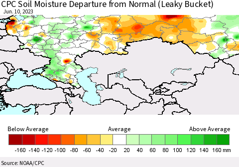 Russian Federation CPC Soil Moisture Departure from Normal (Leaky Bucket) Thematic Map For 6/6/2023 - 6/10/2023