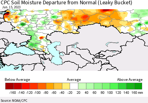 Russian Federation CPC Soil Moisture Departure from Normal (Leaky Bucket) Thematic Map For 6/11/2023 - 6/15/2023