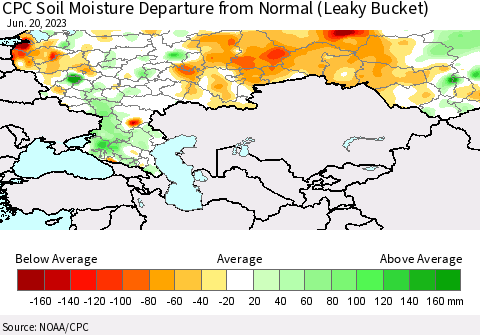 Russian Federation CPC Soil Moisture Departure from Normal (Leaky Bucket) Thematic Map For 6/16/2023 - 6/20/2023