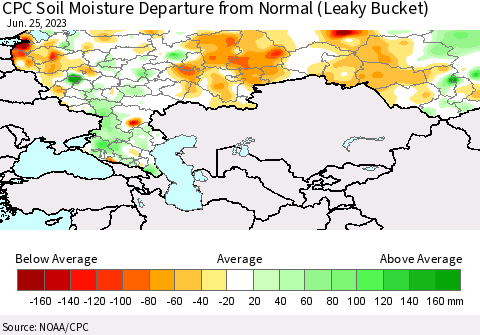 Russian Federation CPC Soil Moisture Departure from Normal (Leaky Bucket) Thematic Map For 6/21/2023 - 6/25/2023