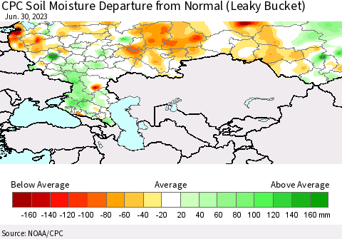Russian Federation CPC Soil Moisture Departure from Normal (Leaky Bucket) Thematic Map For 6/26/2023 - 6/30/2023