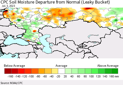Russian Federation CPC Soil Moisture Departure from Normal (Leaky Bucket) Thematic Map For 7/1/2023 - 7/5/2023