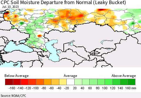 Russian Federation CPC Soil Moisture Departure from Normal (Leaky Bucket) Thematic Map For 7/6/2023 - 7/10/2023