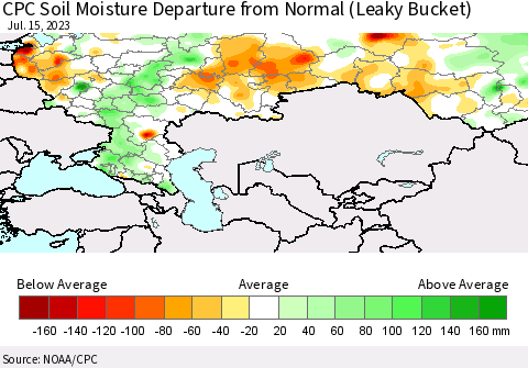 Russian Federation CPC Soil Moisture Departure from Normal (Leaky Bucket) Thematic Map For 7/11/2023 - 7/15/2023