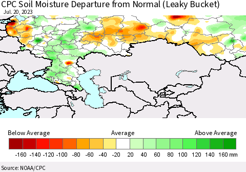 Russian Federation CPC Soil Moisture Departure from Normal (Leaky Bucket) Thematic Map For 7/16/2023 - 7/20/2023