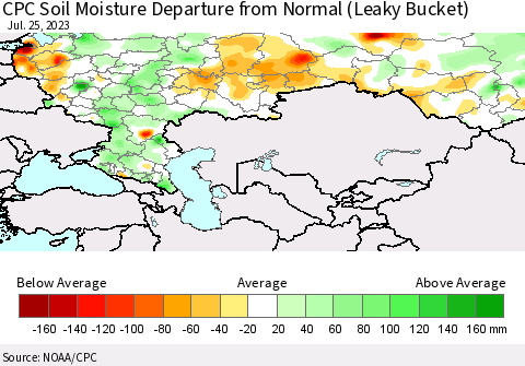 Russian Federation CPC Soil Moisture Departure from Normal (Leaky Bucket) Thematic Map For 7/21/2023 - 7/25/2023