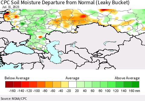 Russian Federation CPC Soil Moisture Departure from Normal (Leaky Bucket) Thematic Map For 7/26/2023 - 7/31/2023
