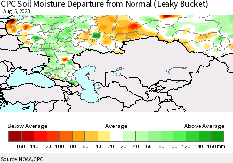 Russian Federation CPC Soil Moisture Departure from Normal (Leaky Bucket) Thematic Map For 8/1/2023 - 8/5/2023