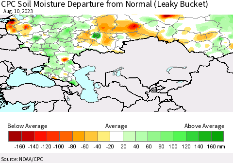 Russian Federation CPC Soil Moisture Departure from Normal (Leaky Bucket) Thematic Map For 8/6/2023 - 8/10/2023