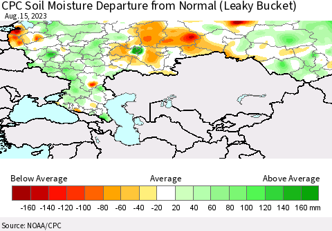 Russian Federation CPC Soil Moisture Departure from Normal (Leaky Bucket) Thematic Map For 8/11/2023 - 8/15/2023