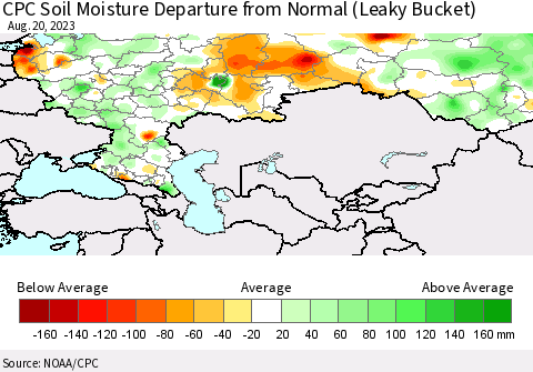 Russian Federation CPC Soil Moisture Departure from Normal (Leaky Bucket) Thematic Map For 8/16/2023 - 8/20/2023