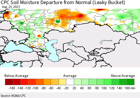 Russian Federation CPC Soil Moisture Departure from Normal (Leaky Bucket) Thematic Map For 8/21/2023 - 8/25/2023