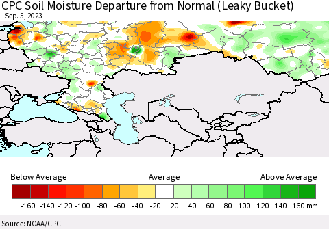 Russian Federation CPC Soil Moisture Departure from Normal (Leaky Bucket) Thematic Map For 9/1/2023 - 9/5/2023