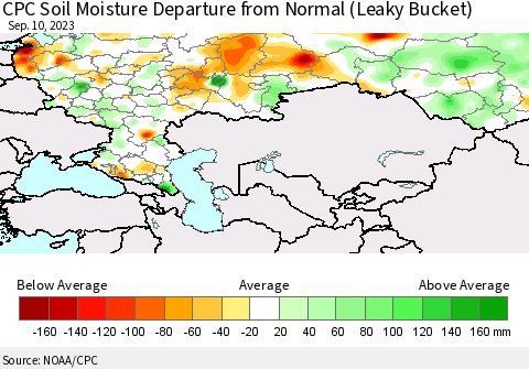 Russian Federation CPC Soil Moisture Departure from Normal (Leaky Bucket) Thematic Map For 9/6/2023 - 9/10/2023