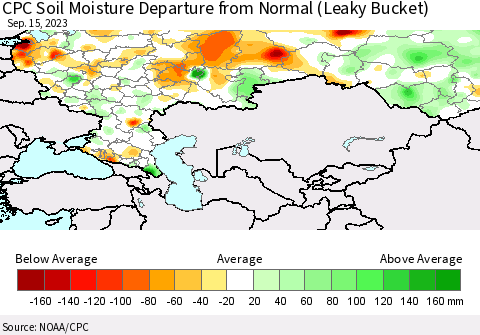 Russian Federation CPC Soil Moisture Departure from Normal (Leaky Bucket) Thematic Map For 9/11/2023 - 9/15/2023