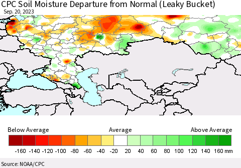 Russian Federation CPC Soil Moisture Departure from Normal (Leaky Bucket) Thematic Map For 9/16/2023 - 9/20/2023