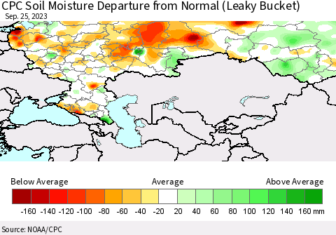 Russian Federation CPC Soil Moisture Departure from Normal (Leaky Bucket) Thematic Map For 9/21/2023 - 9/25/2023