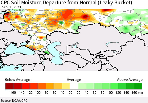 Russian Federation CPC Soil Moisture Departure from Normal (Leaky Bucket) Thematic Map For 9/26/2023 - 9/30/2023
