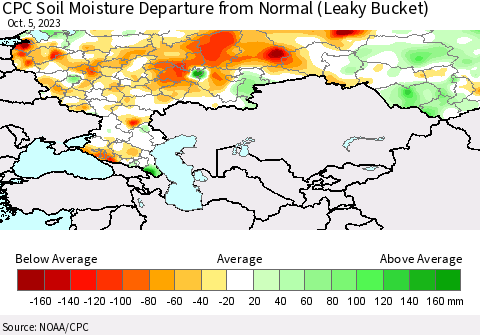 Russian Federation CPC Soil Moisture Departure from Normal (Leaky Bucket) Thematic Map For 10/1/2023 - 10/5/2023