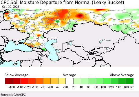 Russian Federation CPC Soil Moisture Departure from Normal (Leaky Bucket) Thematic Map For 10/6/2023 - 10/10/2023